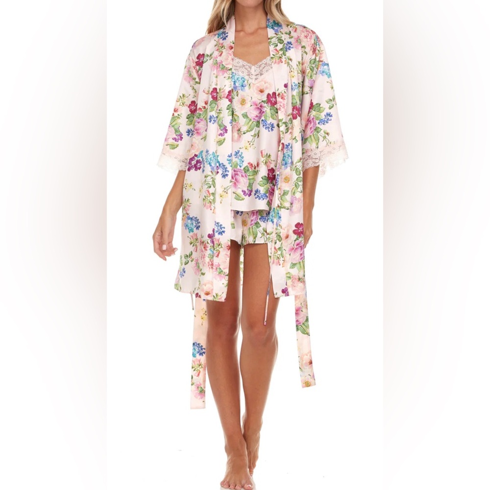 Flora Nikrooz Sabrina Pink Floral Satin Robe, Pink Multi, Large